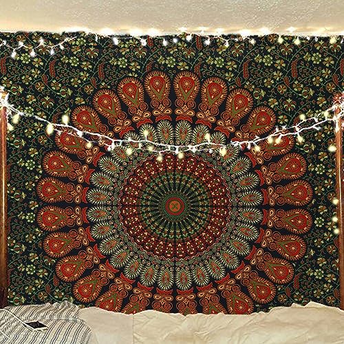 Bless International Handmade Indian hippie Bohemian Psychedelic Peacock Mandala Wall hanging College Dorm Beach Throws Table Cloth Bedding Tapestry (Golden Green, Poster(30x40Inches)(76x101cms)) - color: Golden Green, size: 40"L x 30"W