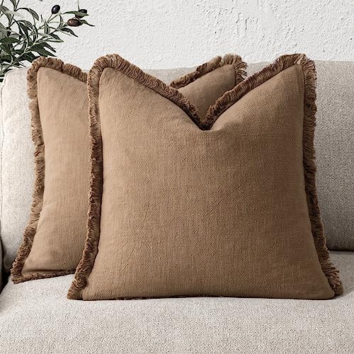 Foindtower Set of 2 Decorative Linen Fringe Throw Pillow Covers Cozy Boho Farmhouse Cushion Cover with Tassels Soft Accent Pillowcase for Couch Sofa Bed Living Room Home Decor, 16×16 Inch, Khaki Brown - color: Brick, size: 16" x 16" (Pack of 2)