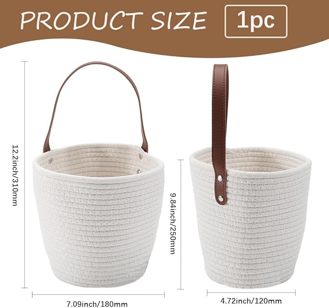 7.1 x 9.8 x 4.7 Inch Hanging Woven Basket Cotton Wall Basket with Handle White Rope Multifunction Macrame Closet Shelf Organizing Storage Wall Mounted Bin for Kitchen Room Fruit Plants Towels