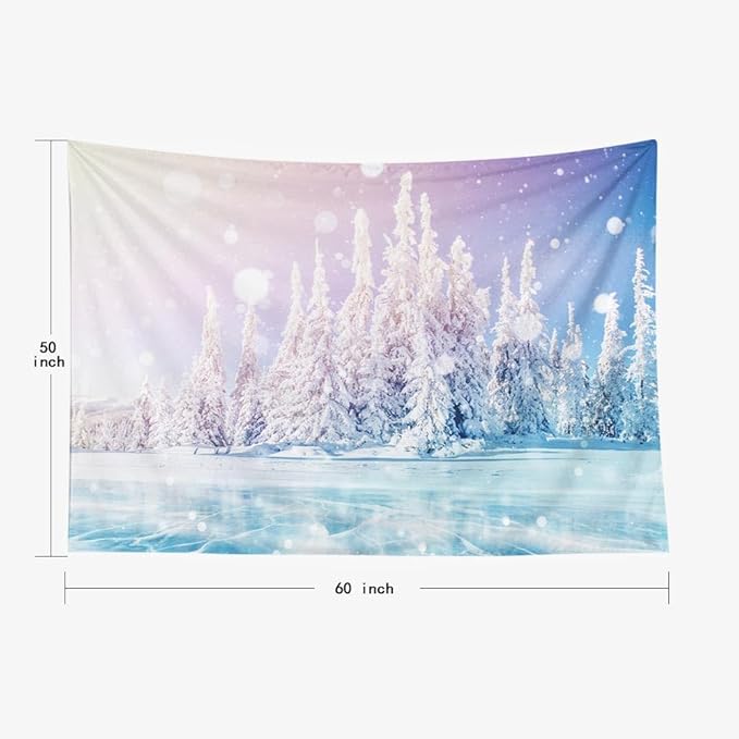 EMMTEEY Snowy Forest Tapestry Mysterious Landscape Blue Ice Lake Frozen Magical Snow Tree Fantasy Tapestry 50X60 Dorm Tapestry