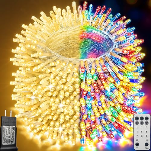 Pooqla 500 LED Color Changing String Lights, 164 ft Warm White to Multicolor Christmas Lights Plug in with Remote, Connectable 11 Modes Waterproof Clear Wire Twinkle Fairy Lights Indoor Outdoor Decor - color: Warm White and Colorful, size: 500LED