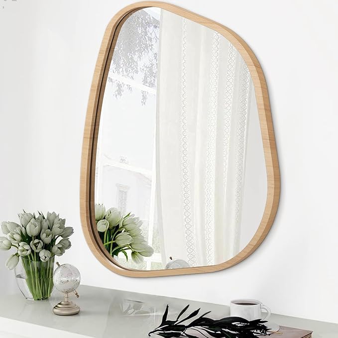 Irregular Bathroom Mirror Modern Wall Mirror Asymmetrical Wooden Framed Wall Mirror Unique Shape Wall Mounted Vanity Artistic Mirror Decor for Living Room Bedroom Entryway Large 26"x18"