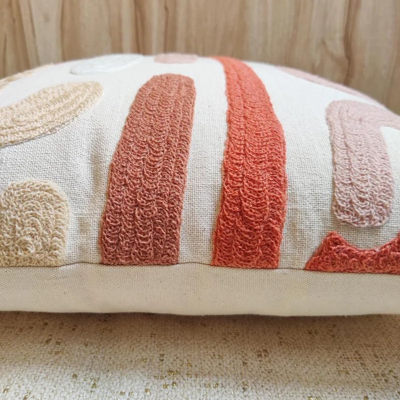 Boho Abstract Tufted Throw Pillow Cover, Neutral Terracotta Blush Pink Beige Embroidery Cushion Cover, Modern Abstract Art Decorative Pillowcase for Sofa Couch Living Room Bedroom, 18x18 Inch (Pillow