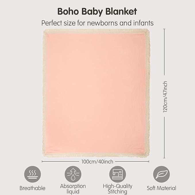 insular Cotton Muslin Baby Blanket with Tassel, Boho Bohemian Muslin Swaddle Blanket Baby Receiving Blanket with Fringe, Nursery Decor Throw or Nursing Blankets, 47" x40”, Pink