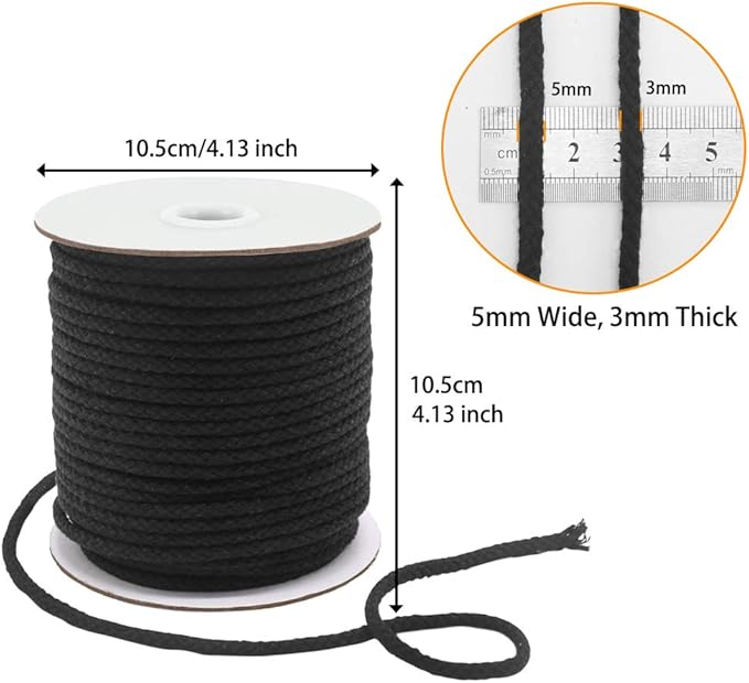 Tenn Well Black Macrame Cord, 165 Feet 5mm Wide Braided Cotton Rope for Macrame Plant Hangers, Wall Hangings, DIY Crafts, Halloween Decor