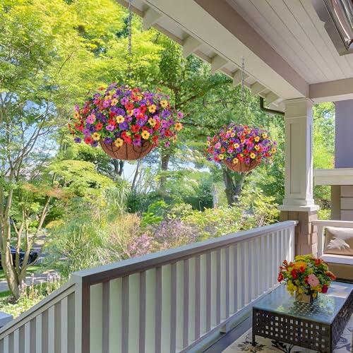 Ammyoo Artificial Faux Hanging Plants Flowers Basket for Spring Outdoor Decoration, Fake Silk Daisy UV Resistant Look Real with Eucalyptus Leaves Summer Outside Decor for Home Patio Garden - color: Purple Deep Purple Red Yellow