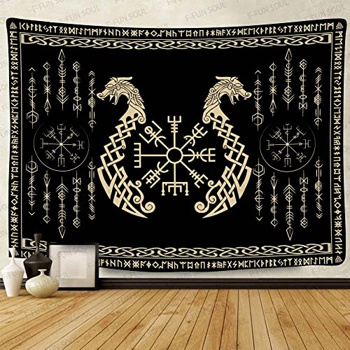 Nordic Vikings Tapestry, Large 60x40inches Soft Flannel, Vegvsir Symbol Twins Dragons Celtic Rune Scandinavian Aesthetic Mythology Tapestry Wall Hanging for Bedroom Living Room Decor GTZYFS1726 - color: Viking Dragons, size: 60"L x 40"W
