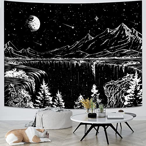 Zussun Black and White Tapestry Starry Night Mountain Tapestries for Bedroom Aesthetic Moon and Stars Tapastry's Wall Hanging Dark Nature Forest Wall Tapestry for Living Room Dorm (48'' × 36'') - color: Black, size: 48"L x 36"W