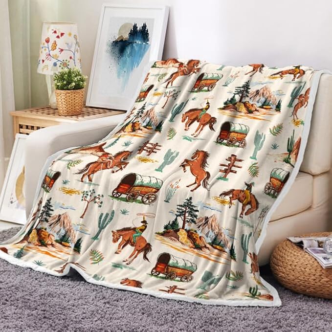 Western Cowboy Blankets, Vintage Western Cowboy Throw Blankets, Soft, Flannel, Warm, West Cowboy Ride Horse Flannel Throw Blanket Rustic Cowboy Bed Blankets–All Seasons 60X80 Inch