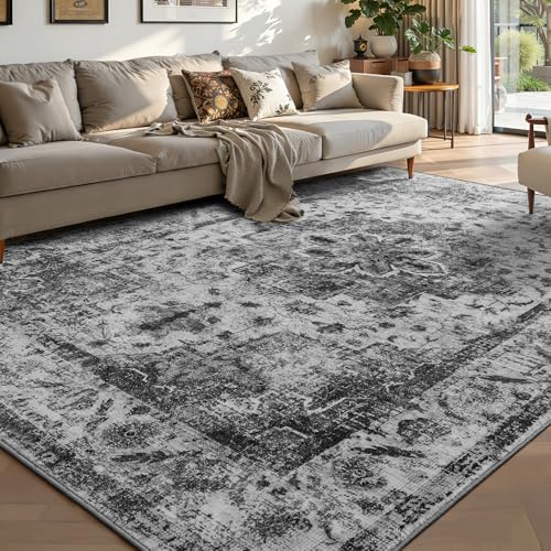 YOH Boho Washable Rug 4x6, Black Vintage Non Slip Area Rug, Distressed Indoor Carpet for Living Room Bedroom Kitchen Office - color: B-black, size: 4' x 6' (Rectangular)