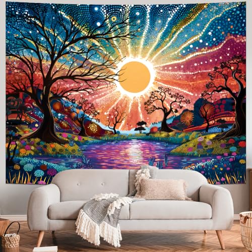 Serborlur Tree of Life Tapestry Trippy Sun Forest Tapestries Colorful Starry Sky Tapestries Hippie Nature Landscape Tapestry Wall Hanging for Living Room Bedroom (39.4" x 52.4") - size: W52.4"×H39.4"
