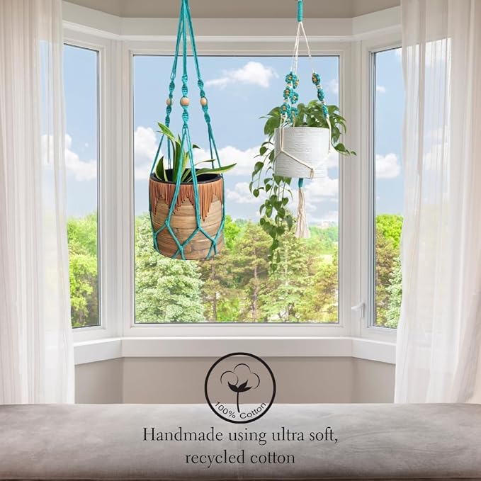 Set of 2 Macrame plant hanger with Daisies & Beads | Hanging plant holder Macrame Plant hangers outdoor and indoor hanging planters Plant stand indoor Boho Decor hanging planter stand (Ocean Teal)