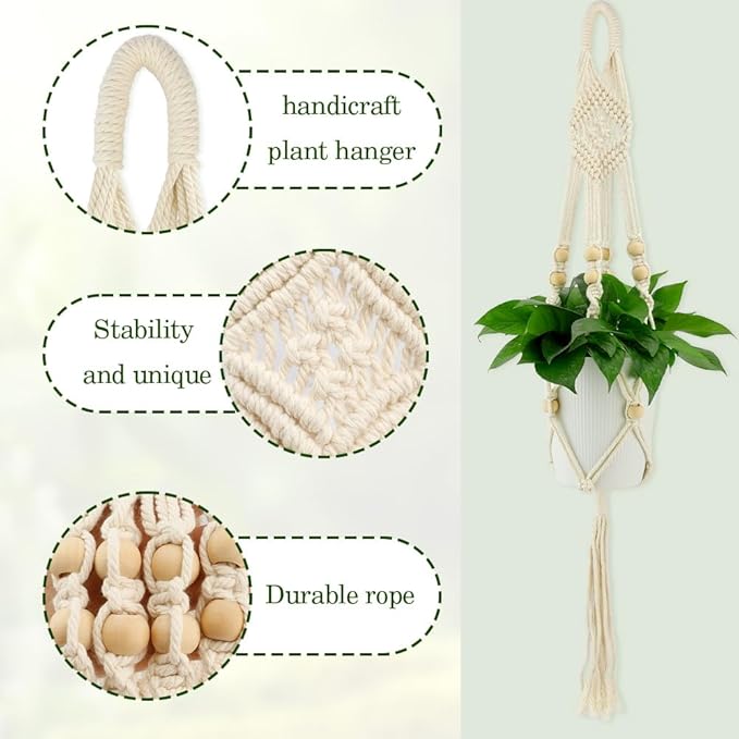Hanging Planter, Macrame Plant Hanger, Indoor/Outdoor, Large, White, Round, Boho Style