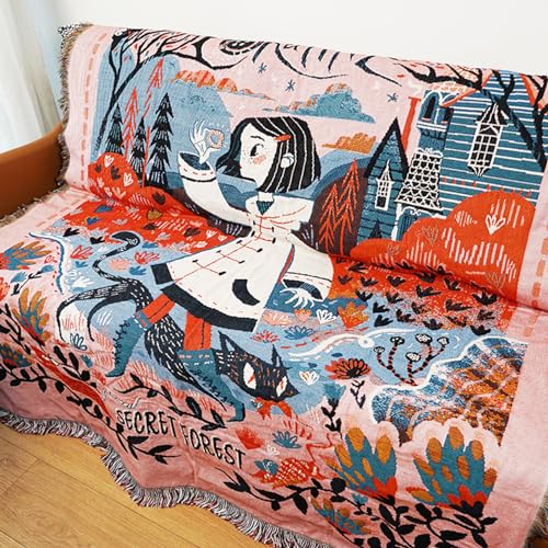 LumiSyne Double-Sided Cotton Woven Throw Blanket with Tassel Jungle Bohemian Style Tapestry Shawl Multi-Function Decorative Throws for Sofa Bed Armchair Camping Blanket Tablecloth Carpet 160x130cm - color: Mysterious Forest
