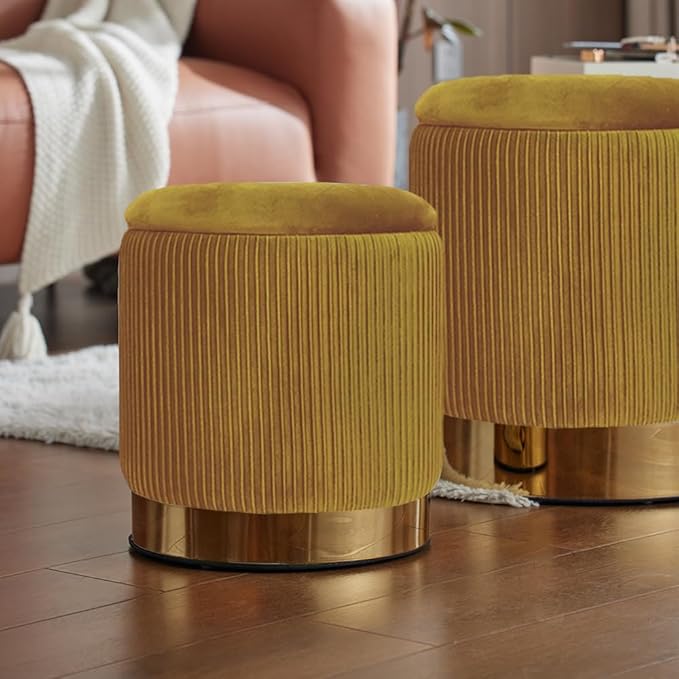 Round Ottoman with Storage Set of 2 Upholstered Velvet Vanity Stool for Living Room Storage Ottomans Multifunctional Foot Rest (Yellow with Bottom Gold)