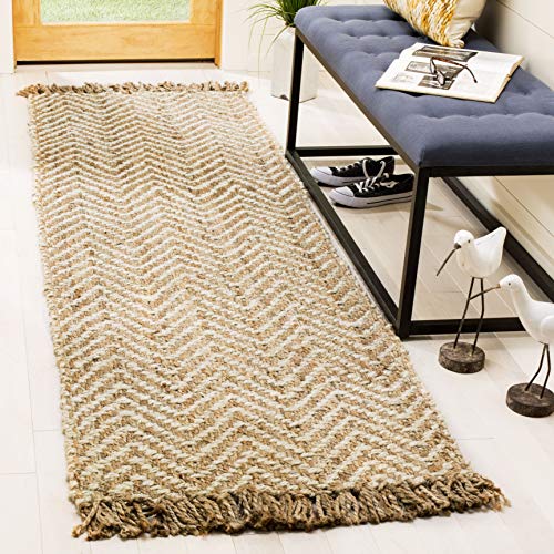 SAFAVIEH Natural Fiber Collection Runner Rug - 2'6" x 12', Bleach & Natural, Handmade Chevron Fringe Jute, Ideal for High Traffic Areas in Living Room, Bedroom (NF458A) - size: 2'6" x 12' (Runner)