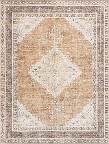 Hauteloom Ferdinand Boho Vintage Distressed Area Rug - Farmhouse Traditional Medallion Faded Carpet for Living Room, Bedroom - Machine Washable Rug - Tan, Peach, Blush - 2'7" x 4' - size: 2'7" x 8'6" (Rectangular)