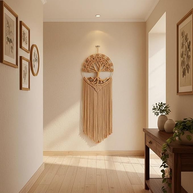 Sylfaen Tree of Life Macrame Wall Hanging - Boho Handmade Woven Tapestry - Dream Catcher Wall Decor Art Living Room - Macrame Tapestry Boho Decor for Bedroom (LightBrown)
