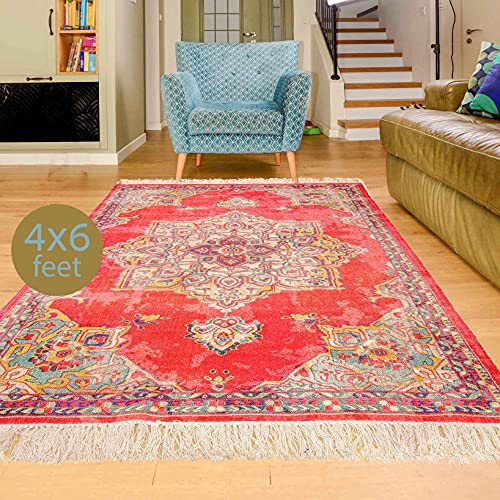 Mandala Life ART - 4' x 6' Moroccan Vintage Red Pink Vintage Rug with Fringes - Digital Print Cotton Tapestry - Bohemian Carpet - Decorative Accent Piece for You Living Room, Bedroom