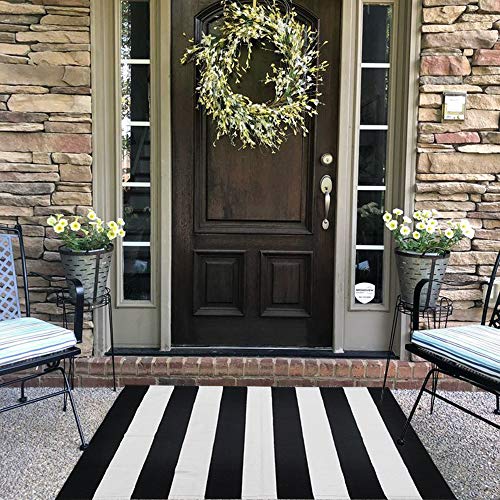 CAINANEL Black and White Striped Outdoor Rug 27.5X 43 inches Front Door Mat Hand-Woven Cotton Indoor/Outdoor for Layered Mats,Welcome Mat, Porch,Farmhouse,Kitchen,Entry Way - color: Black&white Stripe D, size: 2'4" x 3'7" (Rectangular)