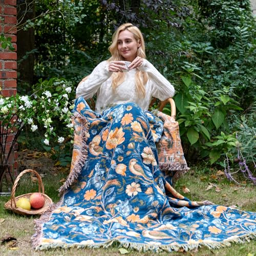 Boho Throw Blanket 60"x80" 100% Cotton Floral Twin Size Bed Blanket with Flower Bird,Reversible Soft Breathable Lightweight Spring Decorative Blankets with Fringe for Couch Sofa All Season - color: Navy Blue, size: 60''x80''