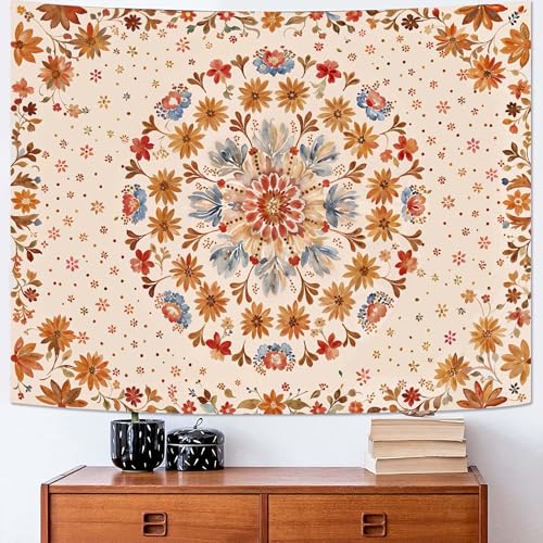 Fowocu Boho Floral Mandala Tapestry Wall Hanging Watercolor Bohemian Flower Medallion Tapestry Aesthetic Beige Orange Hippie Indian Small Tapestries for Bedroom Living Room Dorm Decor 60 x 44 Inch - color: Beige Orange, size: 60"L x 44"W