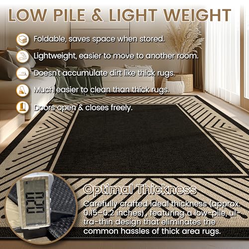 Washable Modern Easy Jute Rug 5x7, Striped Geometric Outdoor Indoor Patio Farmhouse Large Bordered Rugs, Woven Non Slip Thin Carpet Mat for Living Dining Room Bedroom Classroom Kids Nursery - color: Modern Black, size: 5' x 7'