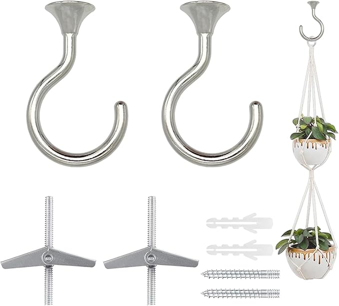 2 Sets Heavy Duty Swag Ceiling Hooks 2.4 Inch, Chrome Finish, Holds Up to 30lbs, for Hanging Plants & Lights, Easy Install on Wood, Concrete & Drywall (Chrome)