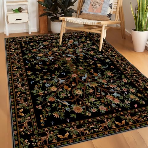 Black Area Rug 3x5 Washable, Non-Slip Small Rug Carpet, Floral Boho Low Pile Soft Throw Rugs for Entryway, Bedroom, Kids Room, Dorm, Office, Nursery, Vintage Home Decor - color: Black, size: 5' x 3' (Rectangular)