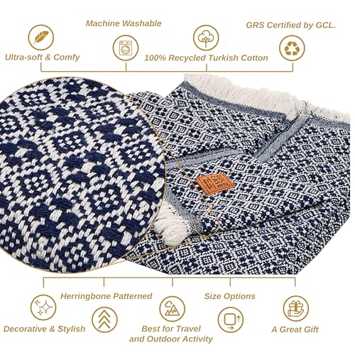 Gold Case Throw Blanket for Couch - 100% Recycled Turkish Cotton Blankets & Throws - Retro Soft Throw Blankets for Living Room - Boho Decorative Woven Couch Blanket - 60x80 - Navy Blue - color: Retro Navy Blue, size: 60x80"