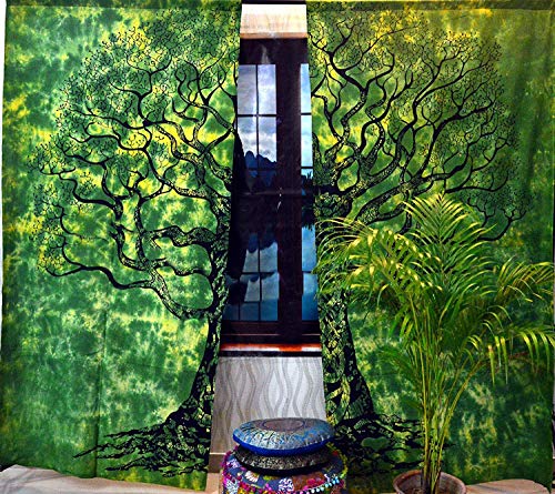 Indian Mandala Tree of Life Cotton Window Door Curtains Hippie Wall Hanging Boho Living Room Door Curtains Dorm Decor Tapestry Gyppsy Wall Drapes, Window Treatment Twin 82 x 52 Inch - color: Yellow & Green, size: 52"W x 82"L (Pack of 1)