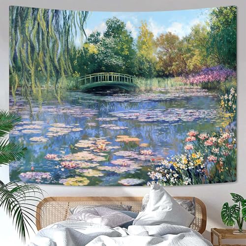 Accnicc Monet Water Lilies Tapestry Green Floral Plant Tapestries Aesthetic Monet Wall Art Posters Nature Flower Garden Landscape Small Tapestrys for Bedroom Living Room Dorm 60 x 44 Inch - color: Green Pink, size: 60"L x 44"W