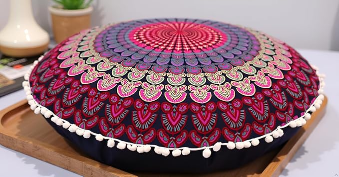 Large Round seat Floor Cushion Chair Ottoman Cover Pouf Pillow Meditation Floor Cushions for Adults Seating pouffe Ottoman Throw Covers Craft Room Furniture for Sitting Cover 22 Inches (Pink)