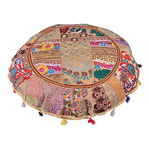 Rajasthani Handmade Colorful Decorative Floor Pillow Cover Meditation Patchwork Patchwork Cushion Seating Accent Boho Chic Indian Handmade Cover ONLY (Beige, 32X32 Inches) - color: Beige