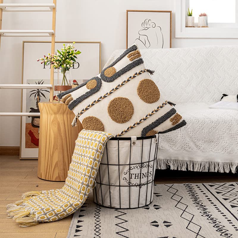 Boho Tufted Throw Pillow Covers Braided Pillow Covers Farmhouse Pillow Covers with Embroidered Geometric Pattern Decorative for Couch Bed Living Room Outdoor (18"x18"Tufted-A)