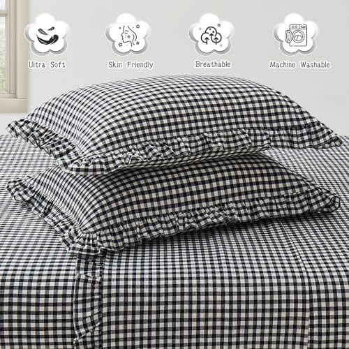 KKJIAF 2 Pcs Plaid Ruffle Pillow Case Standard Size, Ruffled Gingham Cotton Pillowcases 20x26 Inch, Linen Feel Plaid Bed Pillow Shams with Envelope Closure for Sofa Bed (Black Plaid) - color: Black Plaid, size: 26" x 20" (Pack of 2)