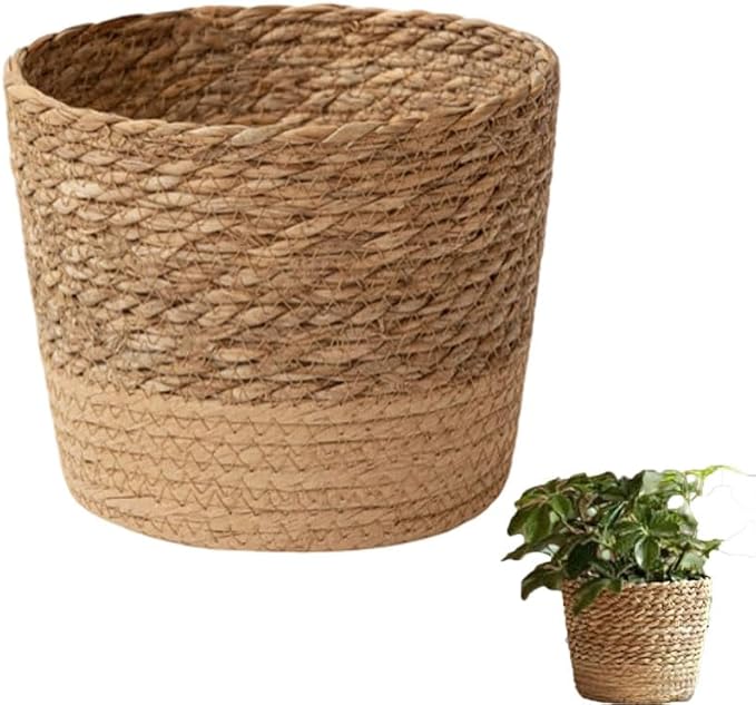 Woven Flower Pot Basket, Seagrass Storage Organizer Planter, Rustic Decorative Plant Containers Cover Laundry Bin for Porch Living Room Entryway (Khaki, 6.1Inch)