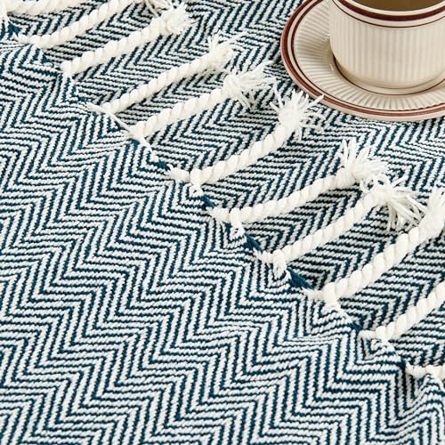 Herringbone Knitted Two Tone Throw Blankets with Braided Tassel Fringe, Boho Farmhouse Lightweight Turkish Throw Blanket for Couch Bed Sofa, Picnic, Yoga, Outdoor Blanket, 50 x 60 Inch, Dark Teal - color: Dark Teal