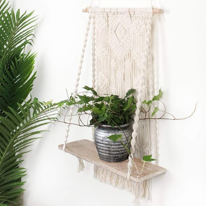 Macrame Wall Hanging Shelf, Handmade Indoor Boho Pot Basket Hanger Holder, Rope Plant Hanger for Wall Decor (White)