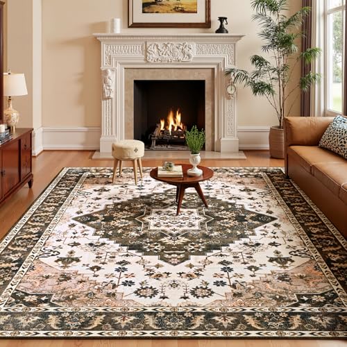 Amearea Vintage Design Area Rugs for Living Room, 4x6 Machine Washable Floral Collection Traditional Bedroom Rug, Low Pile Cute Kids Room Print Carpet, No Slip Office Kitchen Home Decor, Brown - color: Brown, size: 4' X 6' (Rectangular)