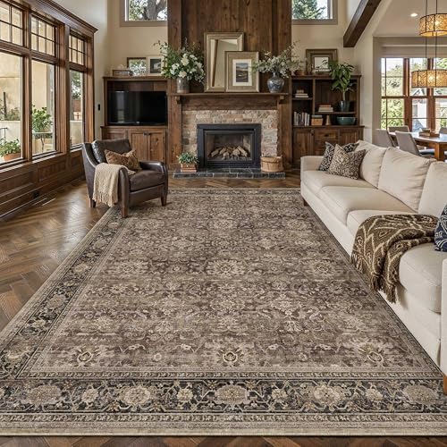HUGEAR Brown Washable 10x14 Area Rugs for Living Room Bedroom Vintage Distressed Neutral Rug Carpet Durable Soft Non Slip & Shedding Stain Resistant Low Pile Indoor Home Decor - color: Retro | Brown, size: 10' x 14' (Rectangular)