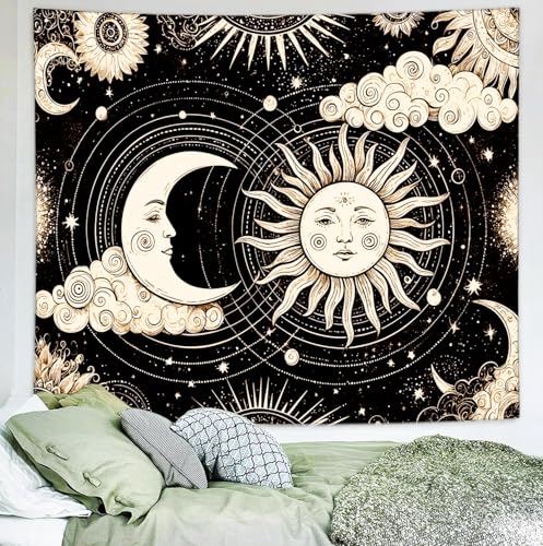 Delur Sun and Moon Tapestry Black Dark Boho Spiritual Burning Sun Tapestry Wall Hanging Mystic Aesthetic Cloud Abstract Star Psychedelic Headboard for Bedroom Living Room Home Decor (70.8" x 92.5") - color: Dark Sun and Moon, size: 70.8"L x 92.5"W