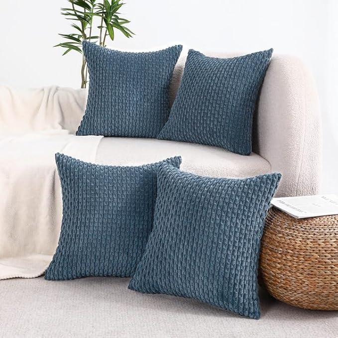 VAKADO 24x24 Set of 4 Dark Blue Decorative Couch Throw Pillow Covers Corduroy Farmhouse Rustic Cushion Case Decor Neutral Boho Square for Home Living Room Bed Sofa
