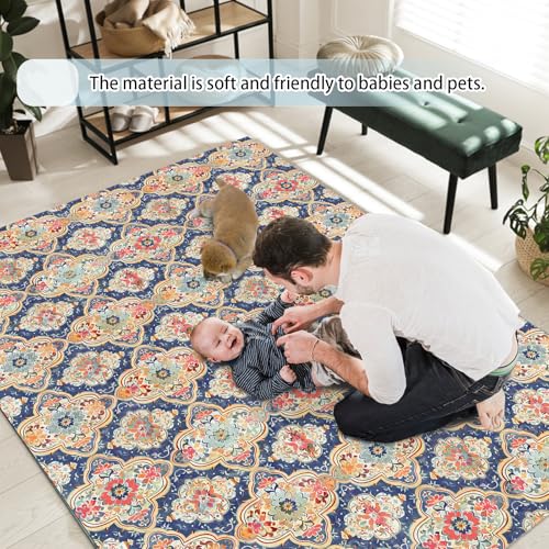 Boho Vintage Flower Washable Area Rug 5 x 7 Ft, Bohemia Retro Floral Soft Non Slip Large Rugs Indoor Home Decor, Entryway Floor Carpet Living Room Bedroom Kitchen Dining Room Decoration