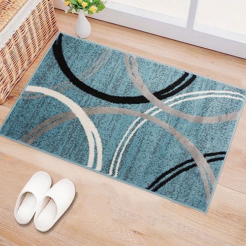 Rugshop Modern Wavy Circles Design Accent Rug, Carpet with Jute Backing for Entryway, Bathroom, or Kitchen, Blue, 2' x 3' - color: Blue, size: 2' x 3' (Rectangular)