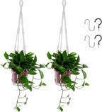 2 Pack Macrame Plant Hanger Indoor, Indoor Outdoor Hanging Planter Basket Decorative with 4 Hooks, Flower Pot Holder for Boho Home Decor (White)
