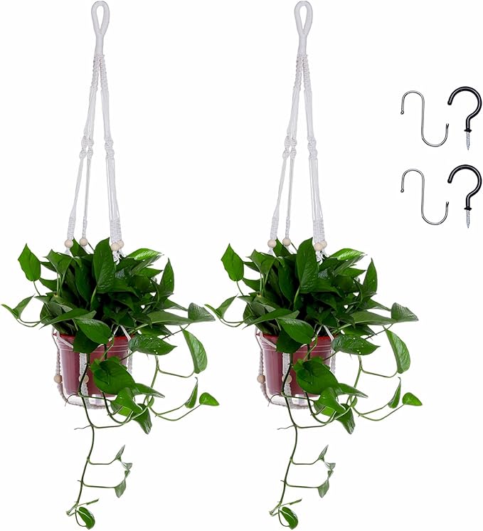 2 Pack Macrame Plant Hanger Indoor, Indoor Outdoor Hanging Planter Basket Decorative with 4 Hooks, Flower Pot Holder for Boho Home Decor (White)