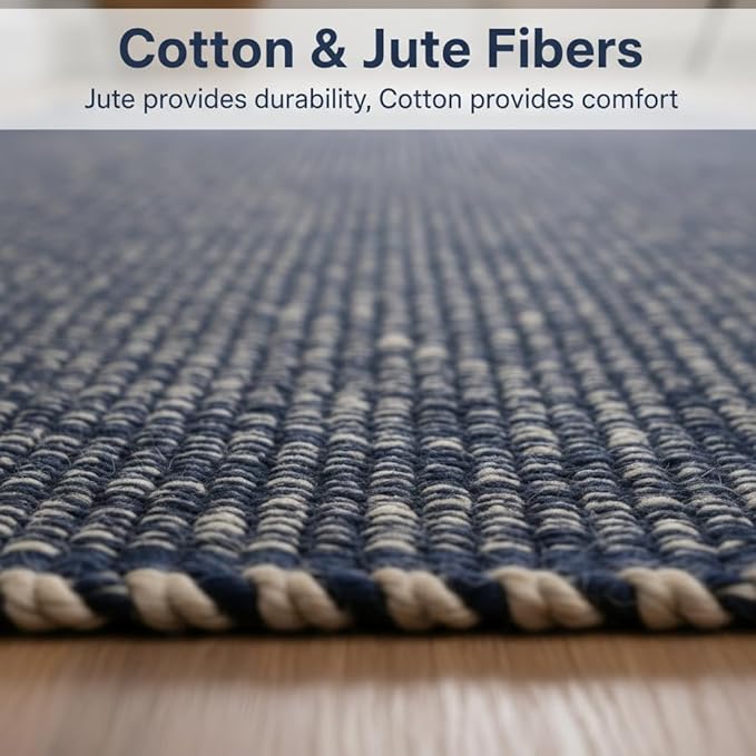 Navy 2X6 Jute Rug Braided Construction - Farmhouse Woven Carpet - Nautical Floor Covering for Hallways and Kitchen, Runner 2' x 6'