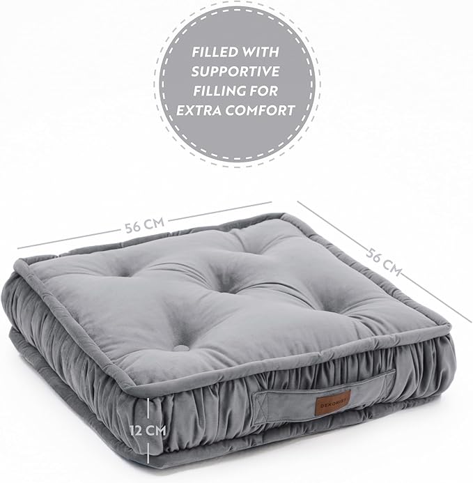 Square Floor Cushion, Floor Pillow Thick Floor Seating, Comfortable Supportive, Quilted Soft Booster Seat Pad for Yoga Meditation, Yoga Cushion, 22x22x4.7 Inch, Ibiza, Light Grey