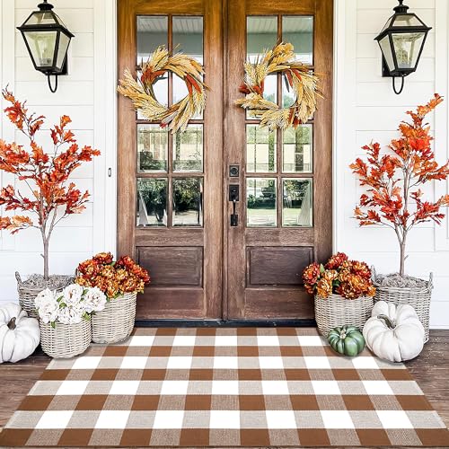 Homydecor Buffalo Plaid Outdoor Rugs, 3'x5' Coffe and White Checkered Area Rug, Layering Rug for Hello/Welcome Door Mat, Washable Cotton Woven Farmhouse Mat for Front Porch Décor - color: Coffee & White Plaid, size: 3' x 5' (Rectangular)
